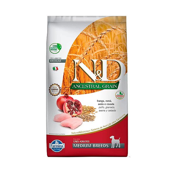 Ração Farmina N&D Ancestral Grain Cães Adultos de Raças Médias Sabor Frango e Romã