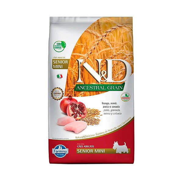 Ração Farmina N&D Ancestral Grain Cães Sênior de porte Mini sabor Frango e Romã