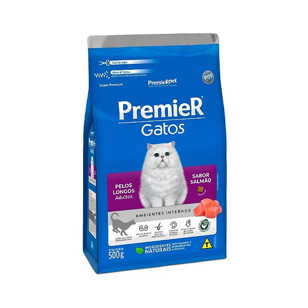 Ração Premier Ambientes Internos Pelos Longos para Gatos Adultos Sabor Salmão