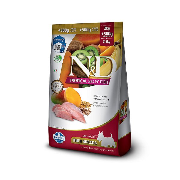 Ração Farmina N&D Tropical Selection para Cães Adultos de Porte Mini e Pequeno Sabor Frango, Cereais e Frutas Tropicais 2kg + 500g Grátis