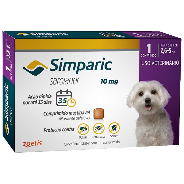 Antipulgas Simparic 10 mg para cães 2,6 a 5 kg - Zoetis