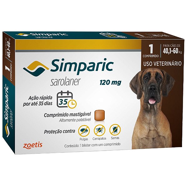 Antipulgas Simparic 120 mg para cães 40,1 a 60 kg - Zoetis