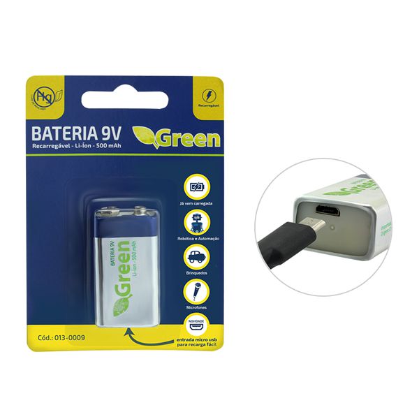 Bateria 9V 500mA - Recarregável Micro USB