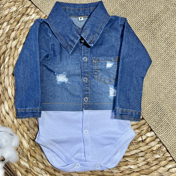 Body Camisa Jeans Manga Longa