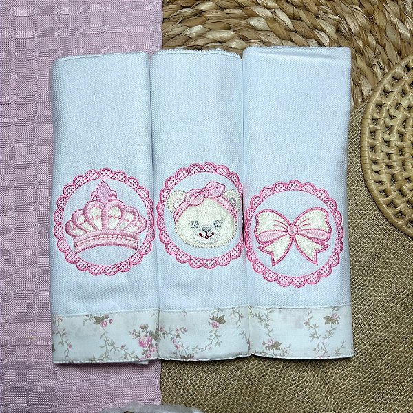 Cueiro Bordado Art Baby 3 Peças Feminino Laço