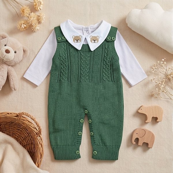 Jardineira Tricô com Body Gola Bordada Madri