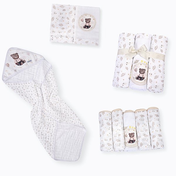 Kit Enxoval Bebê Muito Mimo – Cueiro, Fralda, Pano de Boca e Toalha Soft