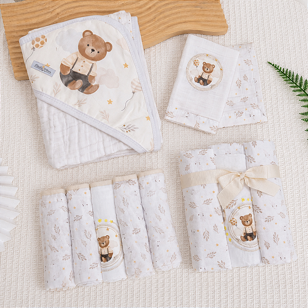 Kit Enxoval Bebê Muito Mimo – Cueiro, Fralda, Pano de Boca e Toalha Soft