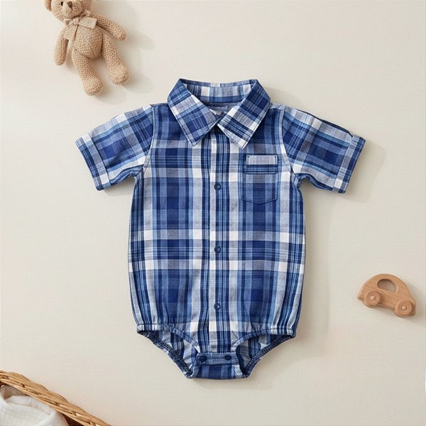 Body Camisa Xadrez de Tecido Manga Curta Menino