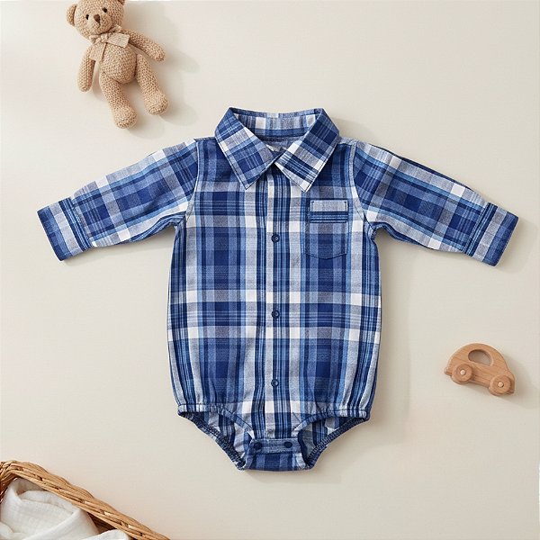 Body Camisa Xadrez de Tecido Manga Longa Menino