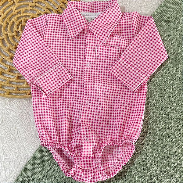 Body Camisa Xadrez de Tecido Manga Longa Menina