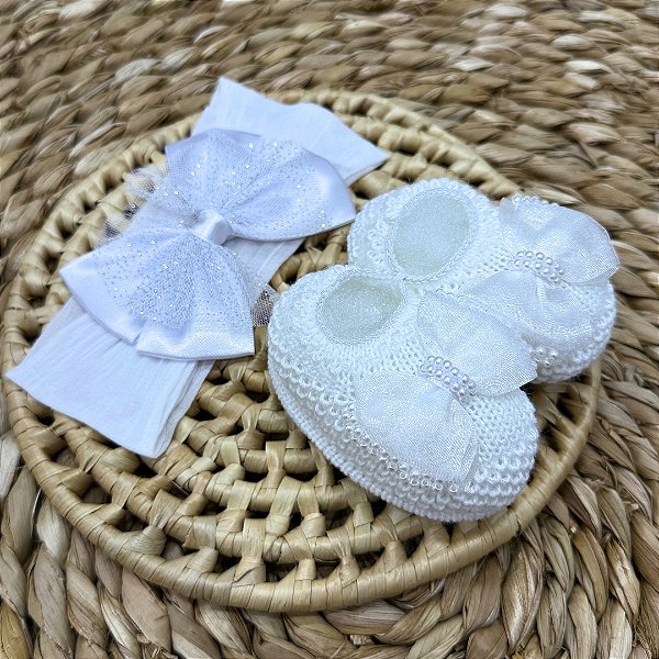 Kit Sapatinho de Tricô + Faixa com Laço