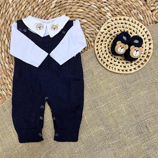 Kit Saída Maternidade Jardineira Madri + Sapatinho Tricô 3D