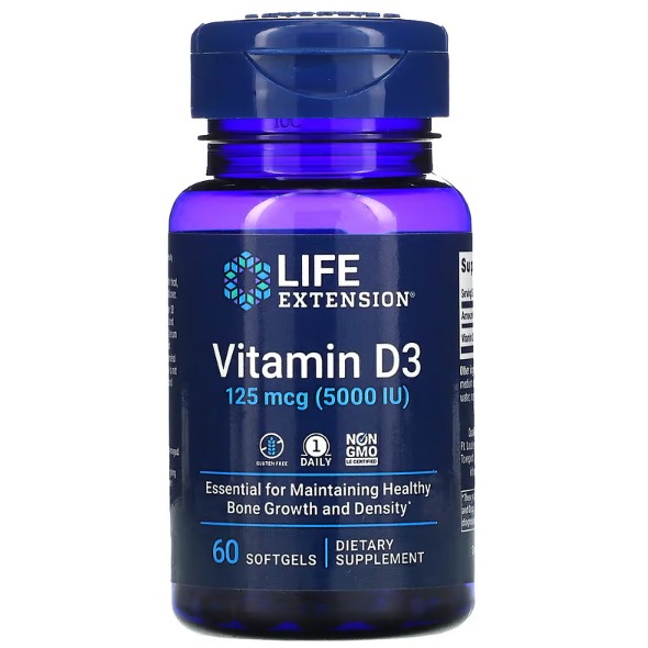 Life Extension, Vitamina D3 125mcg 5000UI 60 Cápsulas