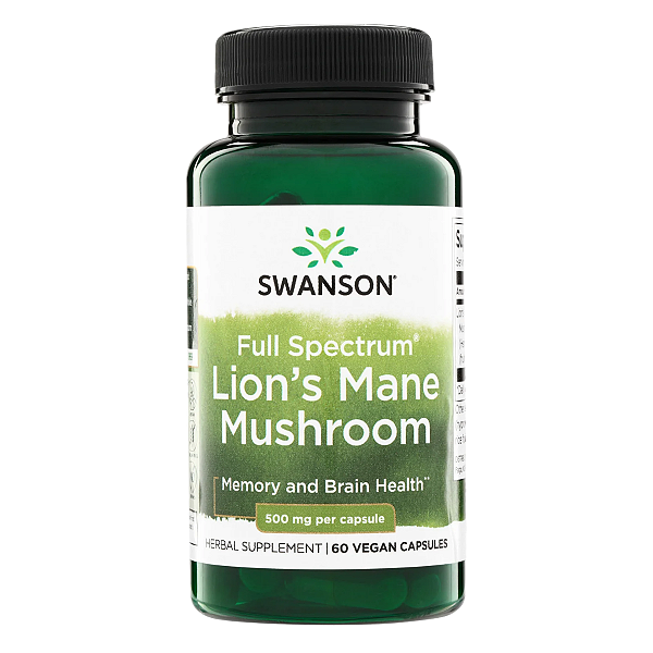 Full Spectrum Lion's Mane Mushroom Cogumelo Juba-de-leão Espectro Total 500 mg 60 Cápsulas Swanson