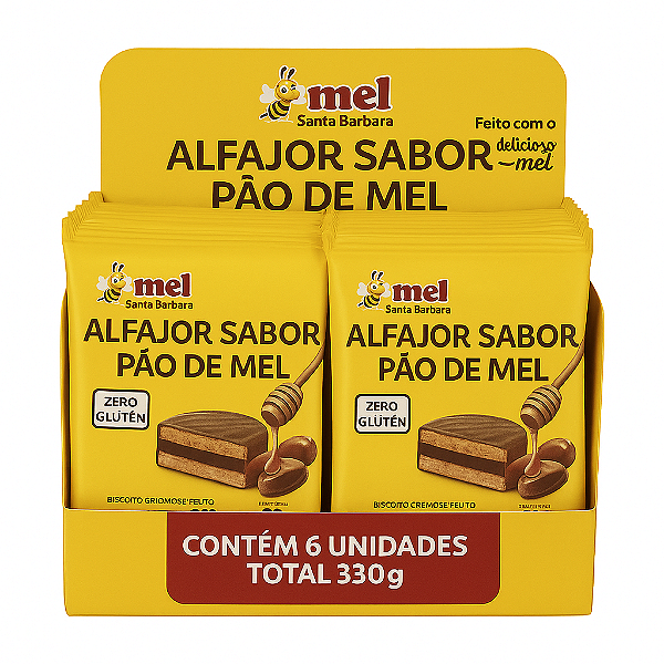 Alfajor Pão de Mel Santa Bárbara 55g – Adoçado com Mel | Zero Glúten | Recheio de Amendoim | Caixa com 6 Unidades
