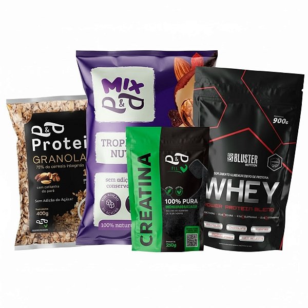 Kit Whey Protein Blend Creatina 100% Pura Monohidratada Mix Tropical Nuts 1Kg P&P + Granola Protein