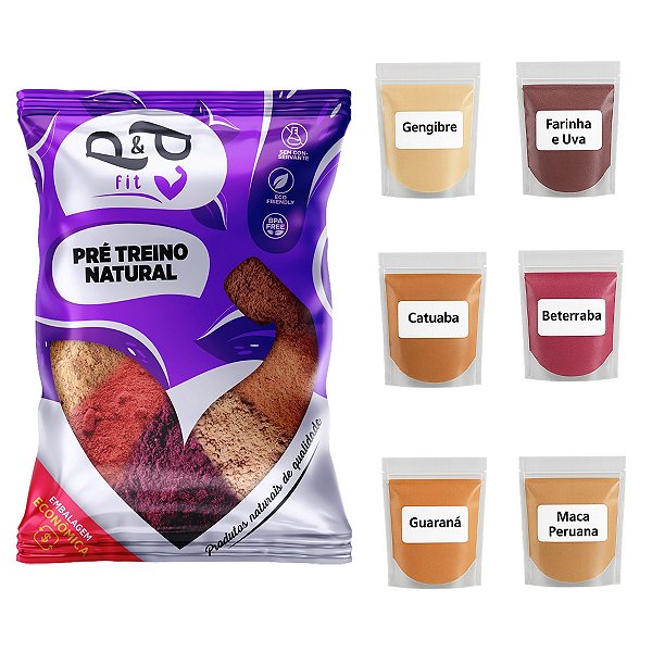Kit Pré Treino Natural Beterraba Uva Guaraná Gengibre Maca Peruana Catuaba Super Energético