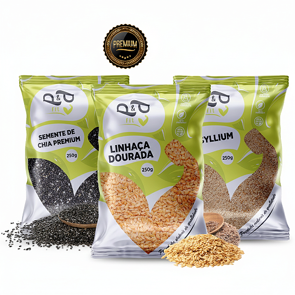Kit Mix de Sementes Chia + Linhaça + Psyllium Fibras Low Carb Total