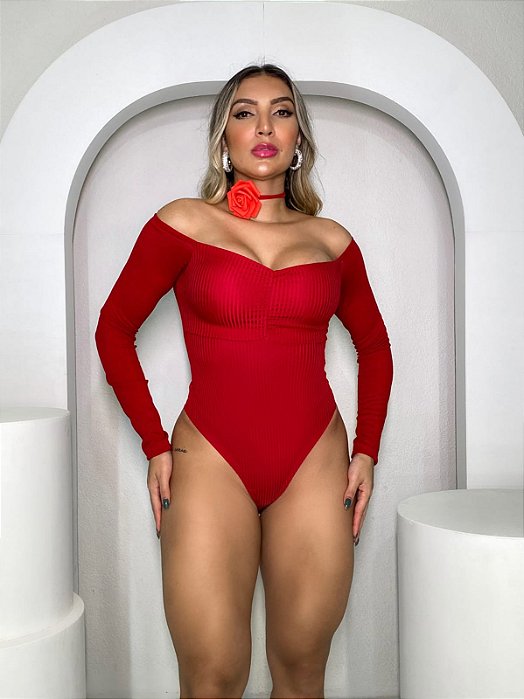 Body manga Longa Canelado decote Canoa