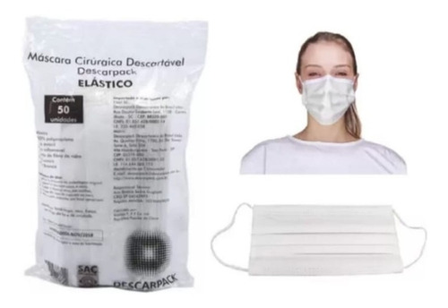 50 Máscaras Descartável Branca Tripla Com Clips Nasal