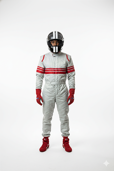 Macacão Acolchoado Modelo I - Cor 1: Cinza Prata Cor 2: Vermelho