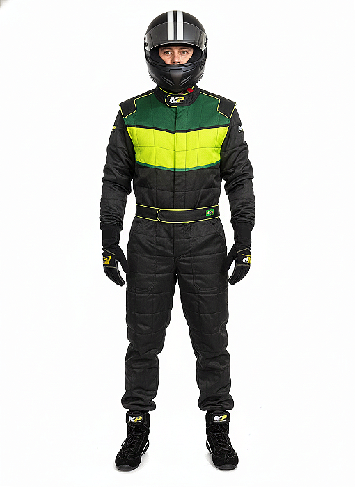 Macacão Acolchoado Modelo UNO - Cor 1: Preto Cor 2: Verde Bandeira Cor 3: Verde Fluor