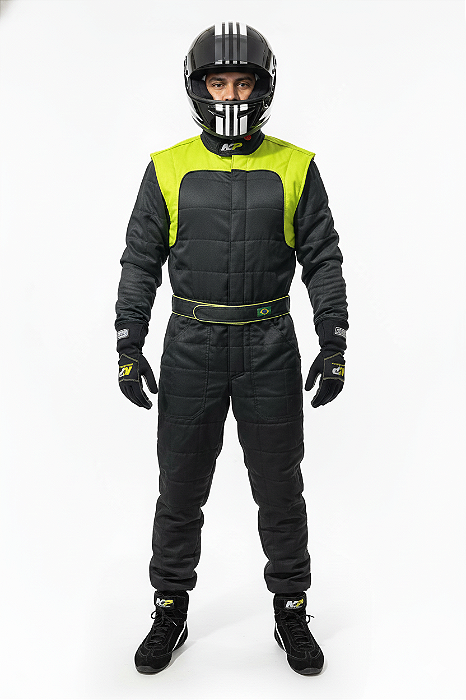 Macacão Acolchoado Modelo V - Cor 1: Preto Cor 2: Verde Fluor