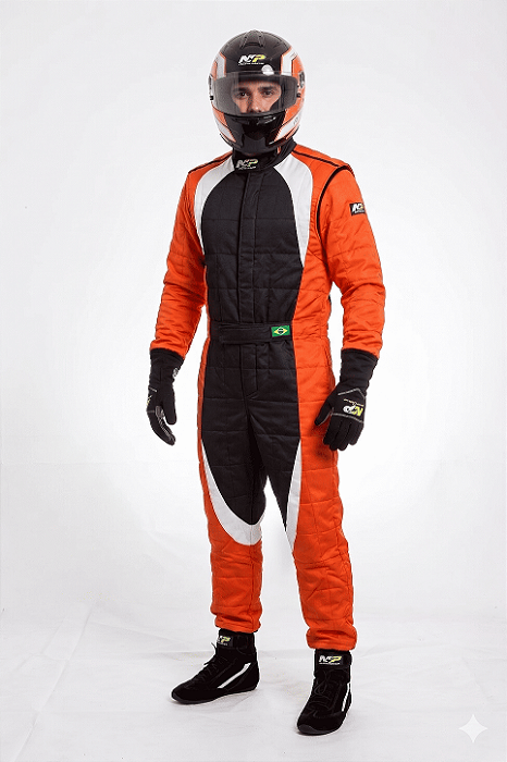 Macacão Acolchoado Modelo Astra 1 - Cor 1: Laranja Cor 2: Preto Cor 3: Branco