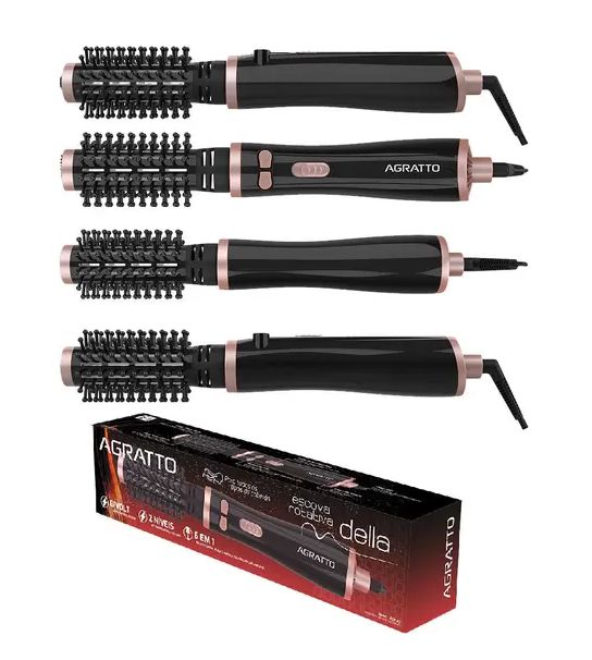 Escova de Cabelo Rotativa Della Bivolt Agratto Preto/Rosa