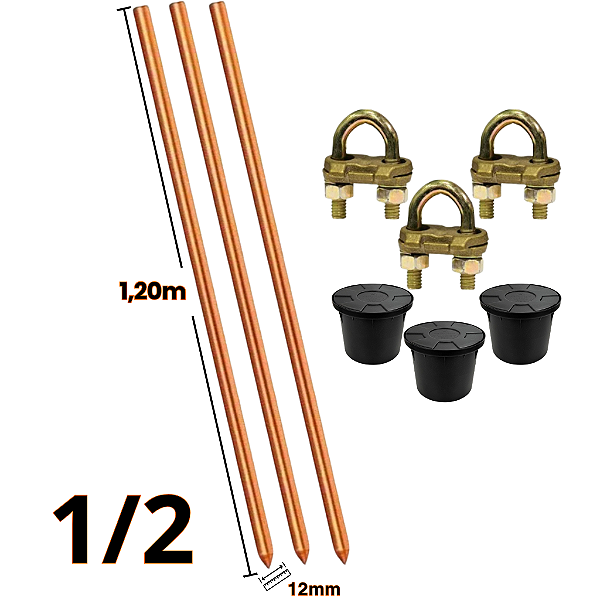 Kit 3 Hastes de Aterramento 12mm 1/2 a 5/8 - 1.20m + 3 Grampos GTDU PA30 para Haste + 3 Caixa de Inspeção Cônica 23x18