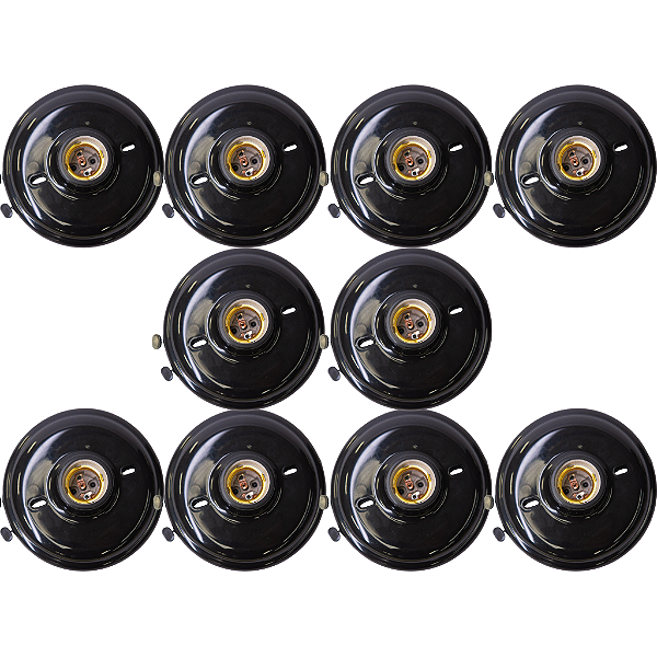 Kit 10 Plafons Plafonier Redondos Pretos E27 com Bocal de Porcelana 100W
