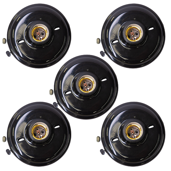 Kit 5 Plafons Plafonier Redondos Pretos E27 com Bocal de Porcelana 100W