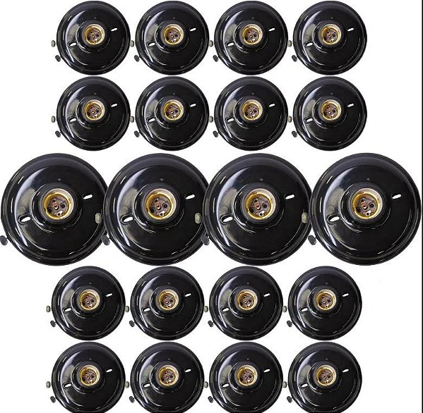 Kit 20 Plafons Plafonier Redondos PRETO E27 com Bocal de Porcelana 100W