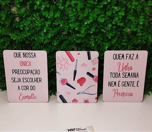 Kit 3 plaquinhas Manicure em mdf personalizado uv digital