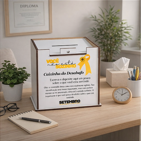 Urna do Desabafo Setembro Amarelo, tamanho 12x12x12xm