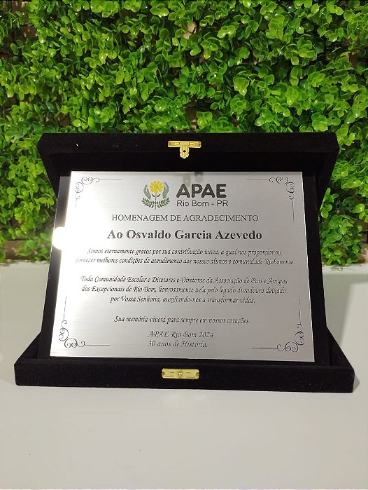 Placa de Homenagem com Caixa de Veludo -  placa 15x10cm