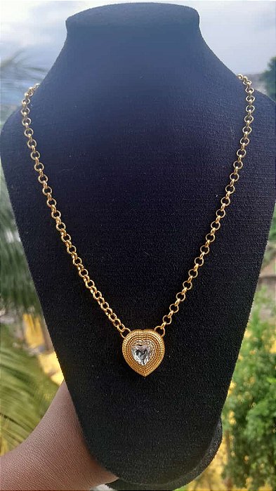 Cordão Elo Grosso Folheado Coração Zirconia