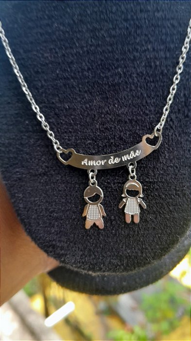 Colar de aço inox '' Amor de Mãe'' com Filhos