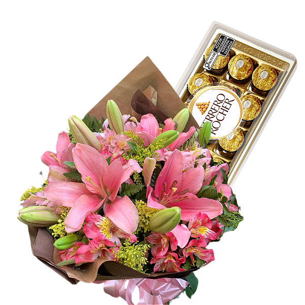 Buquê de Lírios Rosa Claro + Ferrero Rocher 150g