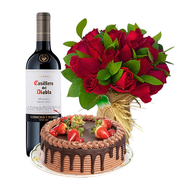 Amor e Carinho: 20 Rosas Vermelhas + Bolo de Chocolate 1kg e Vinho Casillero Del Diablo