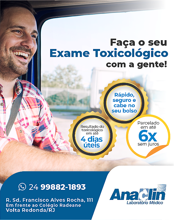 Exame Toxicológico - Volta Redonda-RJ - ANACLIN-VOLTA REDONDA/RJ (C.N.H, Empregado CLT, Concurso Público)