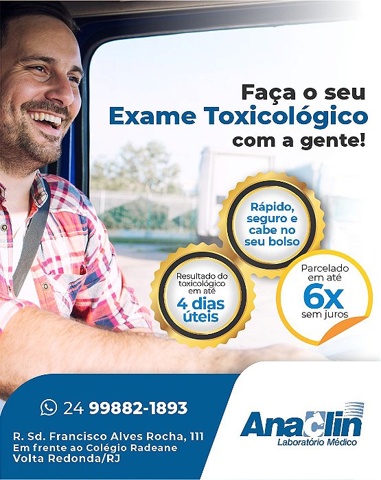 Exame Toxicológico - Volta Redonda-RJ - ANACLIN-VOLTA REDONDA/RJ (C.N.H, Empregado CLT, Concurso Público)
