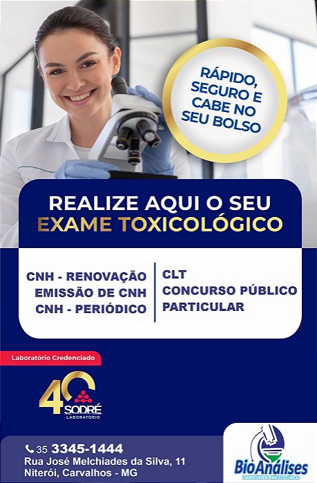 Exame Toxicológico - Carvalhos-MG - LAB.BIOANALISES-CARVALHOS/MG (C.N.H, Empregado CLT, Concurso Público)