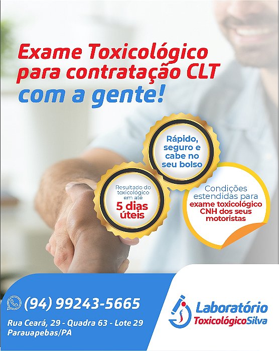 Exame Toxicológico - Parauapebas-PA - LAB.SILVA-PARAUAPEBAS-PA (C.N.H, Empregado CLT, Concurso Público)