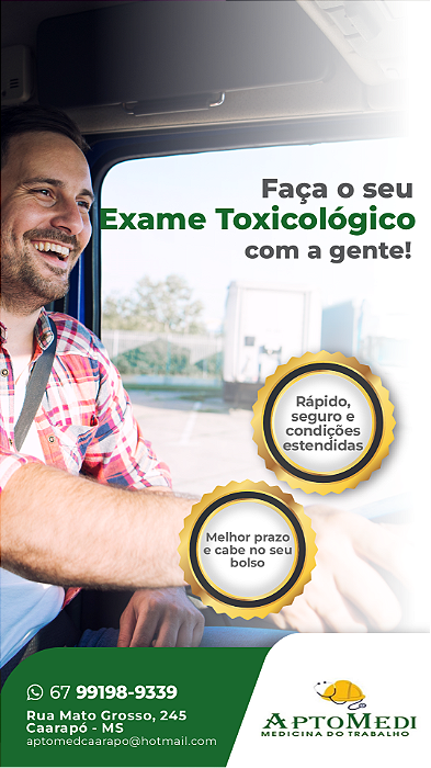 Exame Toxicológico - Caarapo-MS - APTOMEDI MEDICINA DO TRABALHO-CAARAPO/MS (C.N.H, Empregado CLT, Concurso Público)