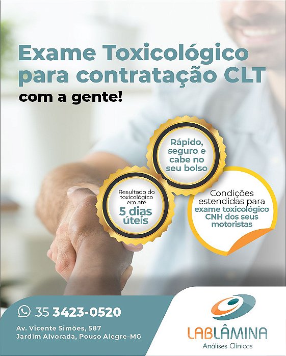 Exame Toxicológico - Pouso Alegre-MG - LAB.LAMINA-POUSO ALEGRE/MG (C.N.H, Empregado CLT, Concurso Público)