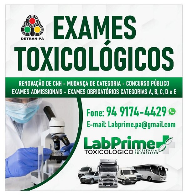 Exame Toxicológico - Parauapebas-PA - LABPRIME TOXICOLOGICO-PARAUAPEBAS/PA (C.N.H, Empregado CLT, Concurso Público)