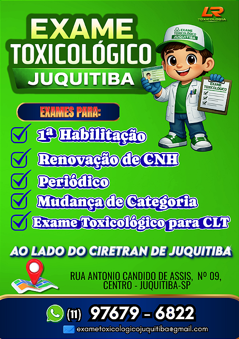 Exame Toxicológico - Juquitiba-SP - EXAMES TOXICOLOGICOS JUQUITIBA-JUQUITIBA/SP (C.N.H, Empregado CLT, Concurso Público)