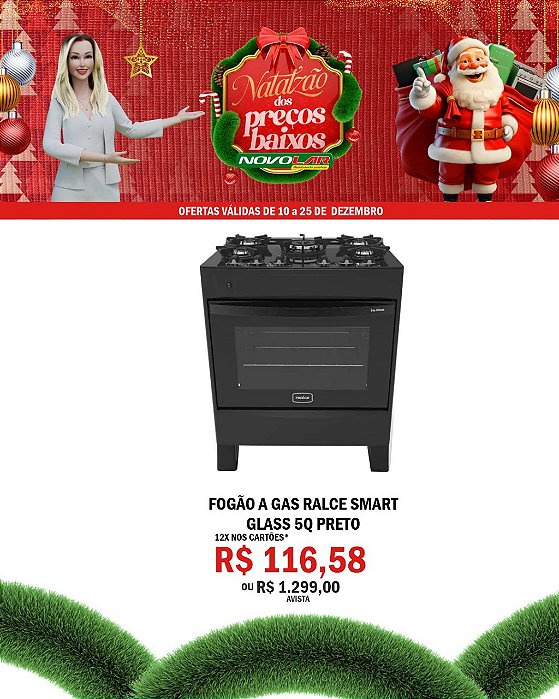 FOGÃO A GAS RALCE SMART GLASS 5Q PRETO
